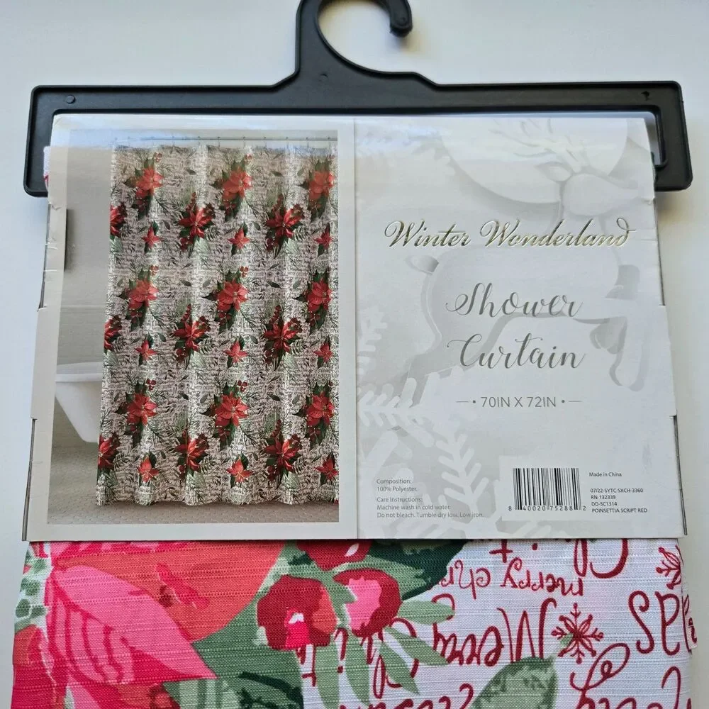 Merry Christmas Shower Curtain 70 x 72 Poinsettias Winter Wonderland